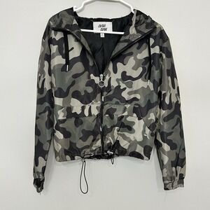 Outer Edge Windbreaker Womens Small Green Camo Hooded Zip Up Utility Jacket